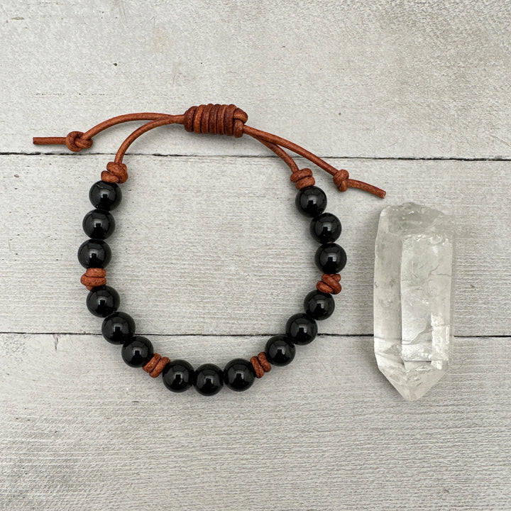 Black Onyx Crystal and Leather Bracelet