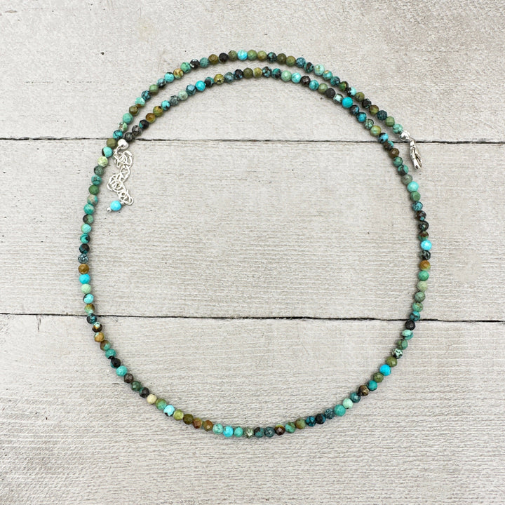 Faceted Multicolor Turquoise and Sterling Silver Beaded Necklace. 3mm beads