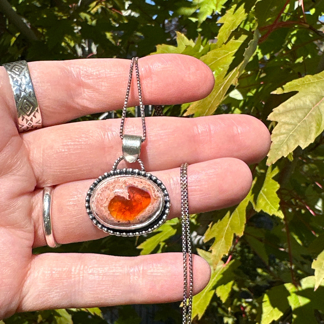 Orange Cantera Fire Opal and Sterling Silver Pendant with Whimsical Natural Heart