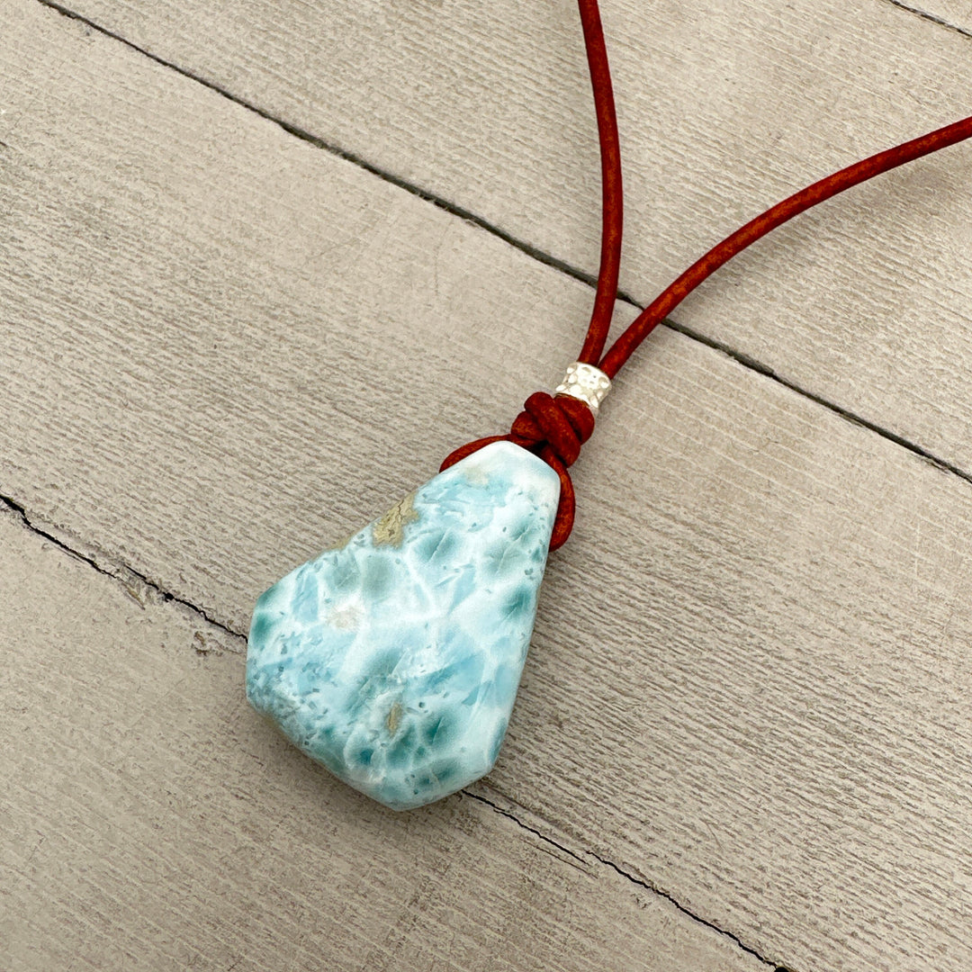 Larimar Crystal and Rustic Brown Leather Necklace