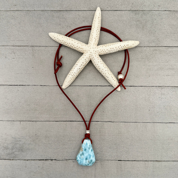 Larimar Crystal and Rustic Brown Leather Necklace