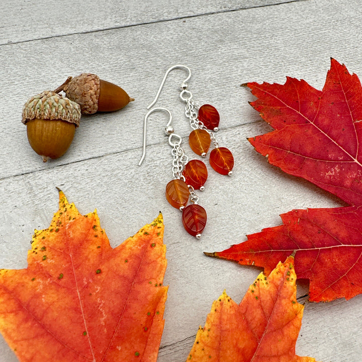Carnelian Leaf and Sterling Silver Earrings. Autumn Fall Jewelry