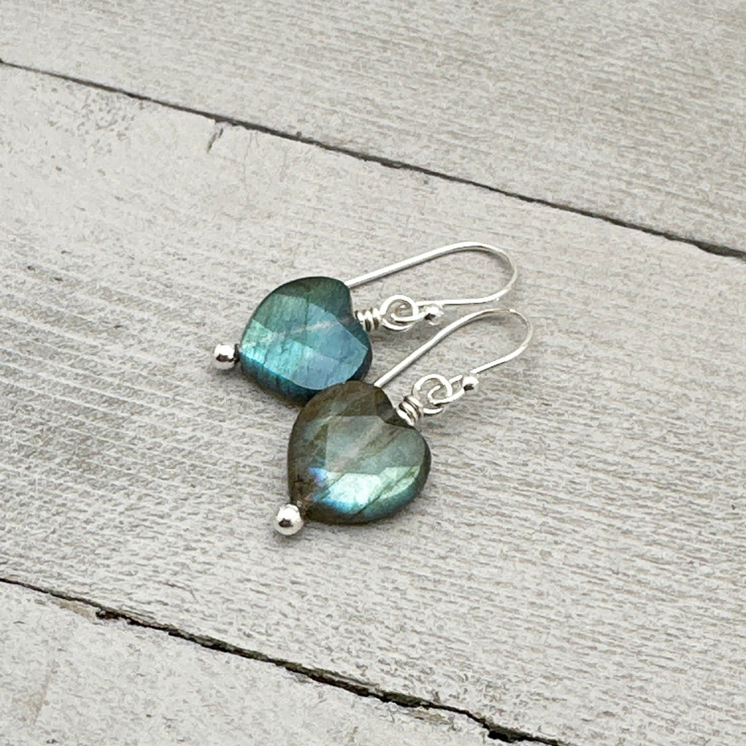 Faceted Labradorite Heart and Sterling Silver Earrings. Flashy Glowing Stones