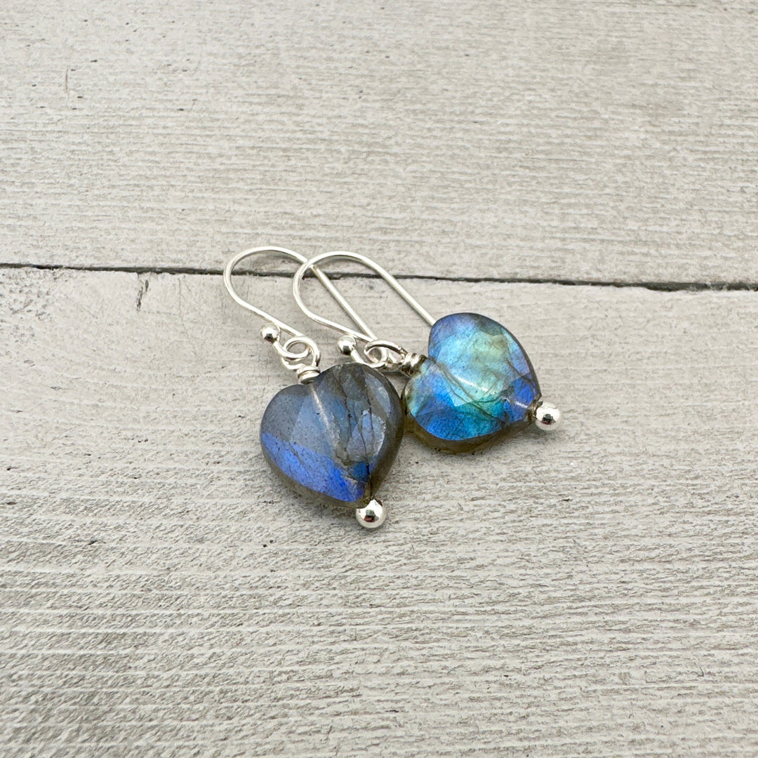 Faceted Labradorite Heart and Sterling Silver Earrings. Flashy Glowing Stones