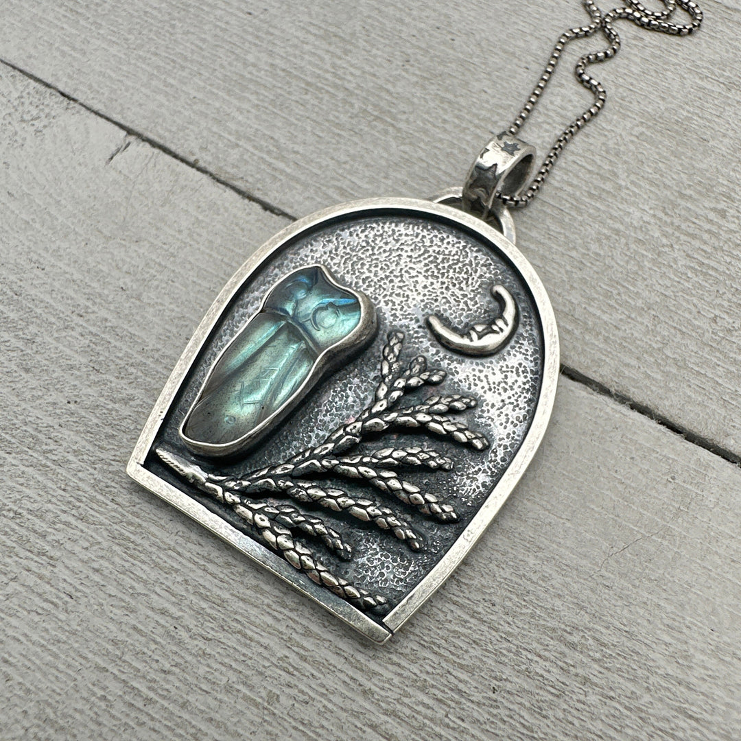 Labradorite Carved Owl, Tree, Moon Shadowbox Sterling Silver Pendant