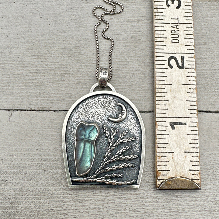 Labradorite Carved Owl, Tree, Moon Shadowbox Sterling Silver Pendant