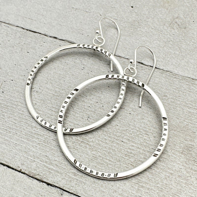 Stamped Silver Hoop Earrings. Solid 925 Sterling Silver 1-1/4 inch Dangle Loops.