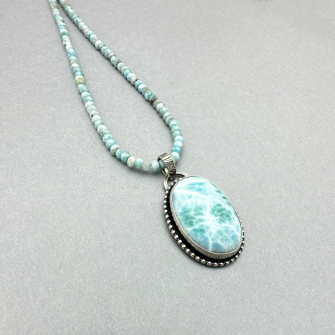 Larimar and Solid 925 Sterling Silver Pendant Necklace. AAA Genuine Stone
