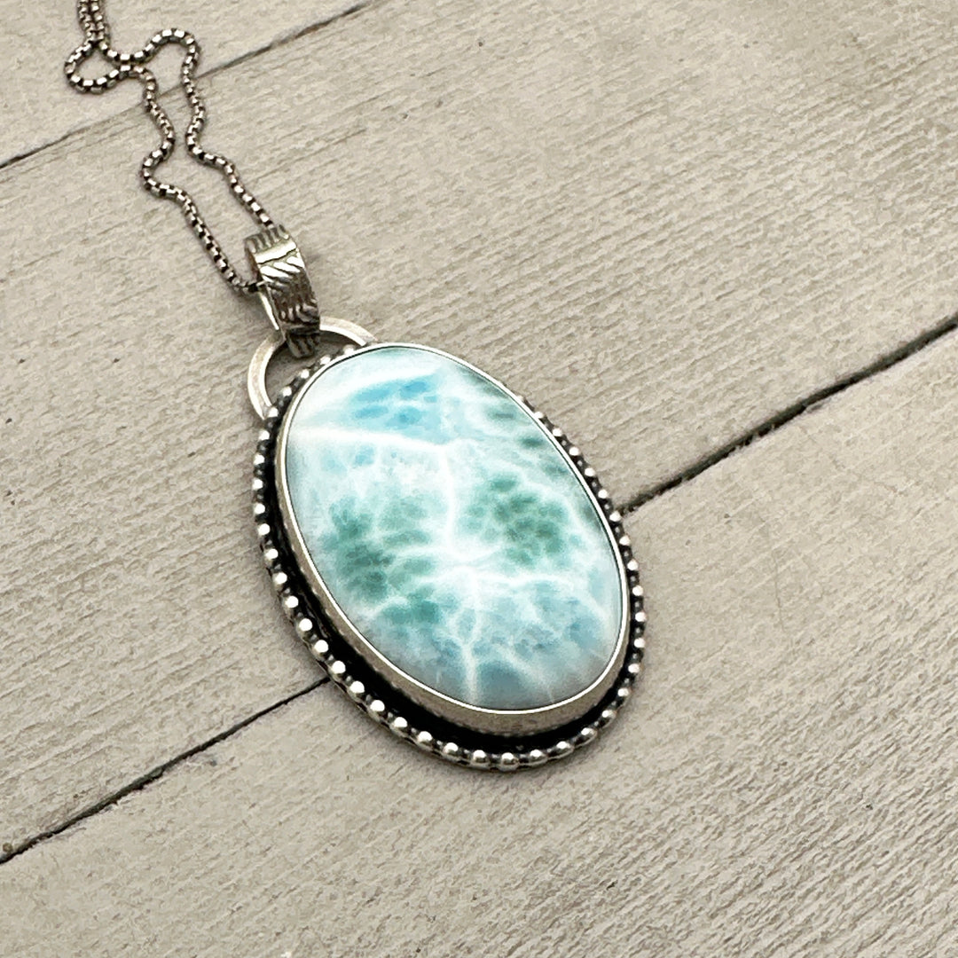 Larimar and Solid 925 Sterling Silver Pendant Necklace. AAA Genuine Stone