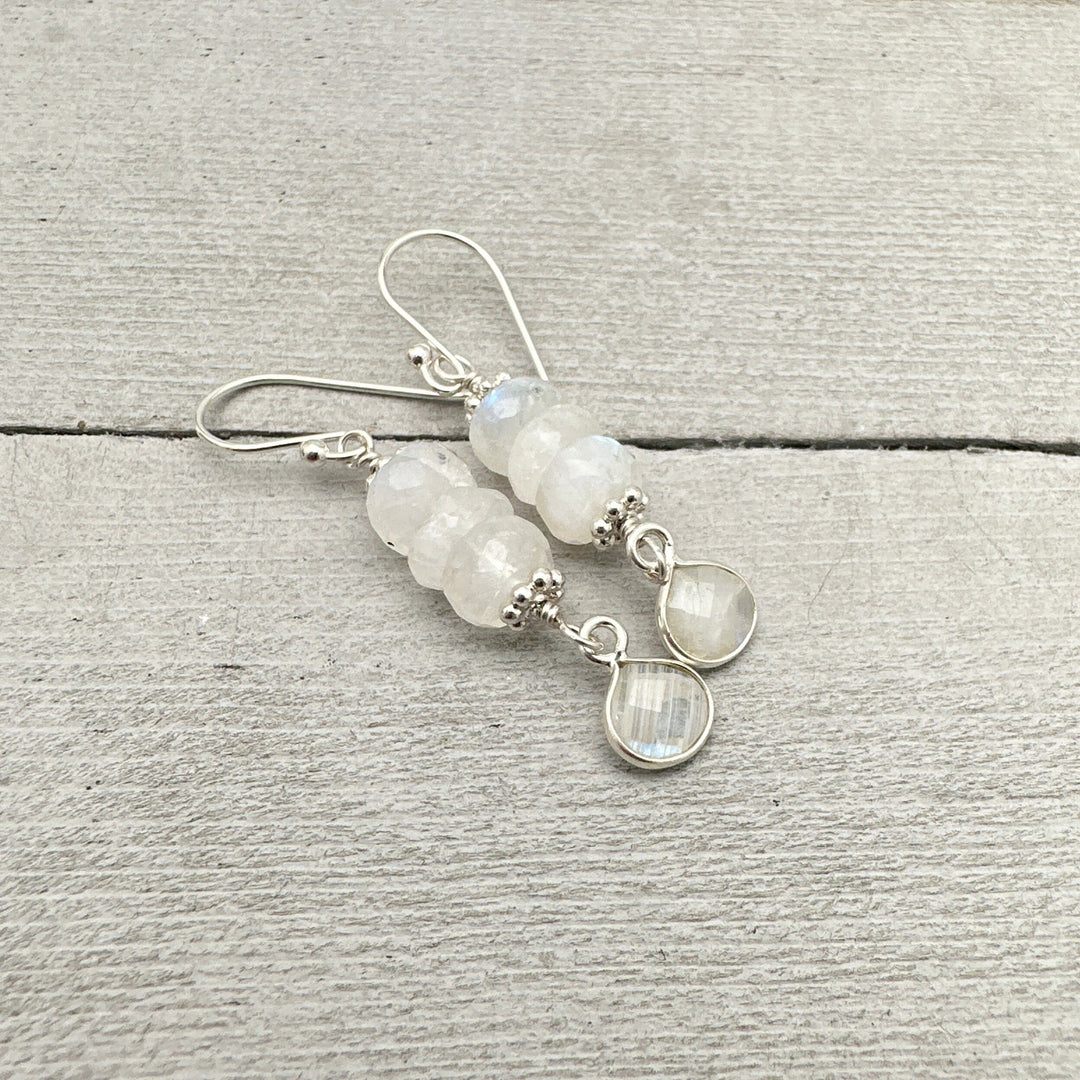 Faceted Moonstone and Sterling Silver Earrings. Flashy Glowing Stones