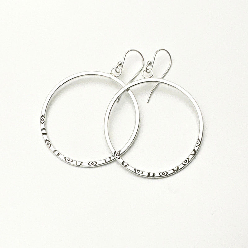 Stamped Silver Hoop Earrings. Solid 925 Sterling Silver 1-1/2 inch Dangle Loops. Southwest Style