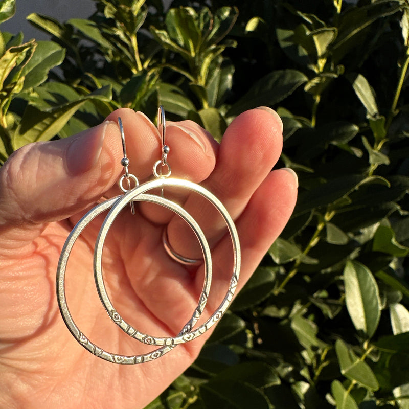 Stamped Silver Hoop Earrings. Solid 925 Sterling Silver 1-1/2 inch Dangle Loops. Southwest Style