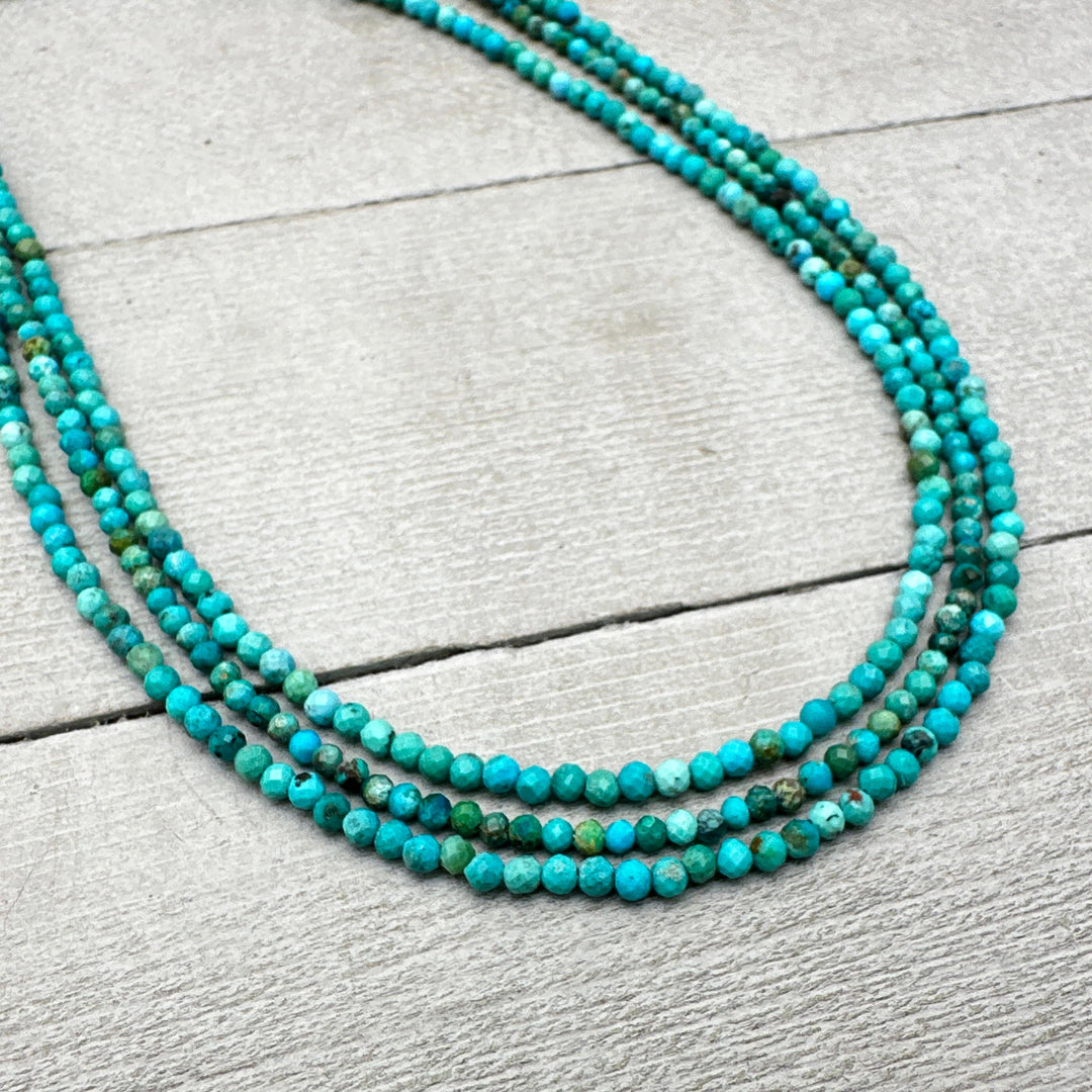 Faceted Turquoise and Sterling Silver Beaded Necklace. Tiny 2mm beads