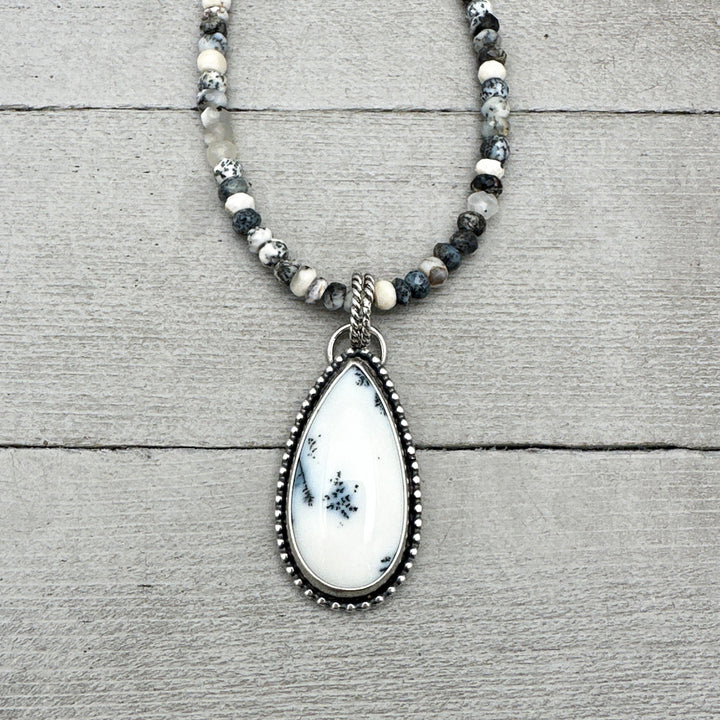 Dendritic Opal Chalcedony Sterling Silver Necklace. Snowflake Pendant