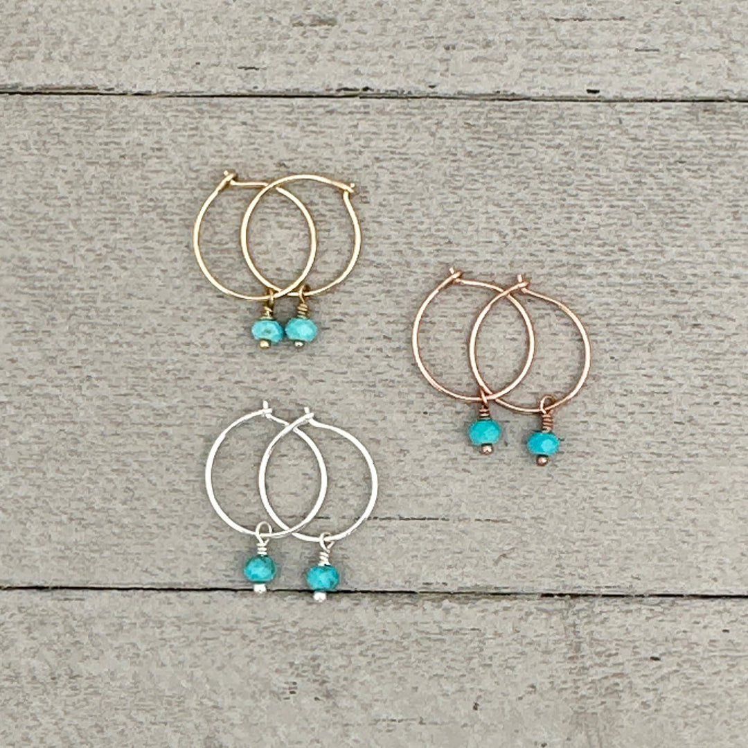 Turquoise Charm Hoop Earrings Available in Solid 925 Sterling Silver, 14k Yellow or Rose Gold Fill