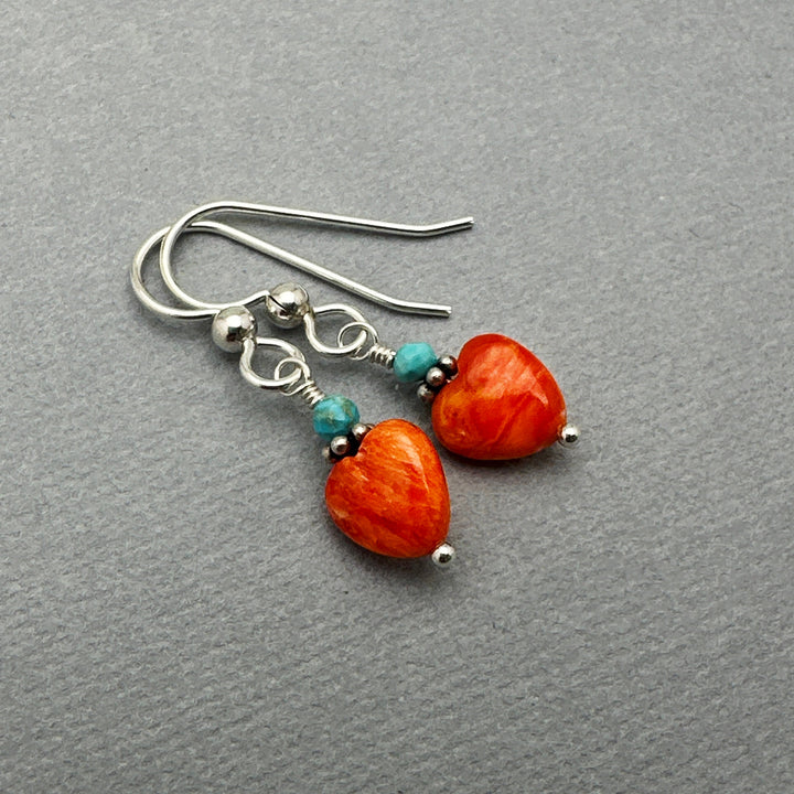 Spiny Oyster Shell Heart, Turquoise and Sterling Silver Earrings