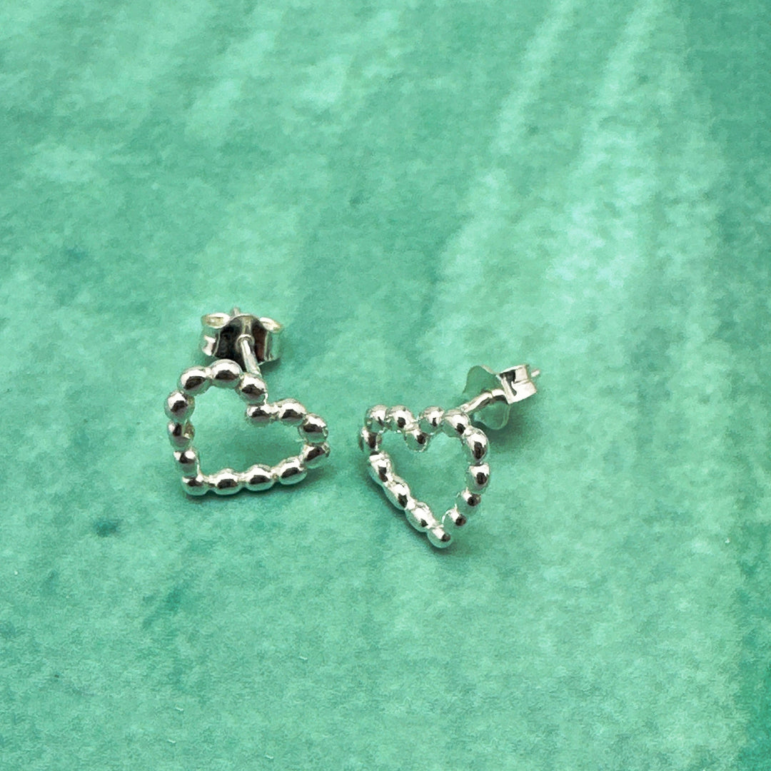 Beaded Heart Stud Earrings in Solid 925 Sterling Silver. Love Symbol Post Earrings - SunlightSilver