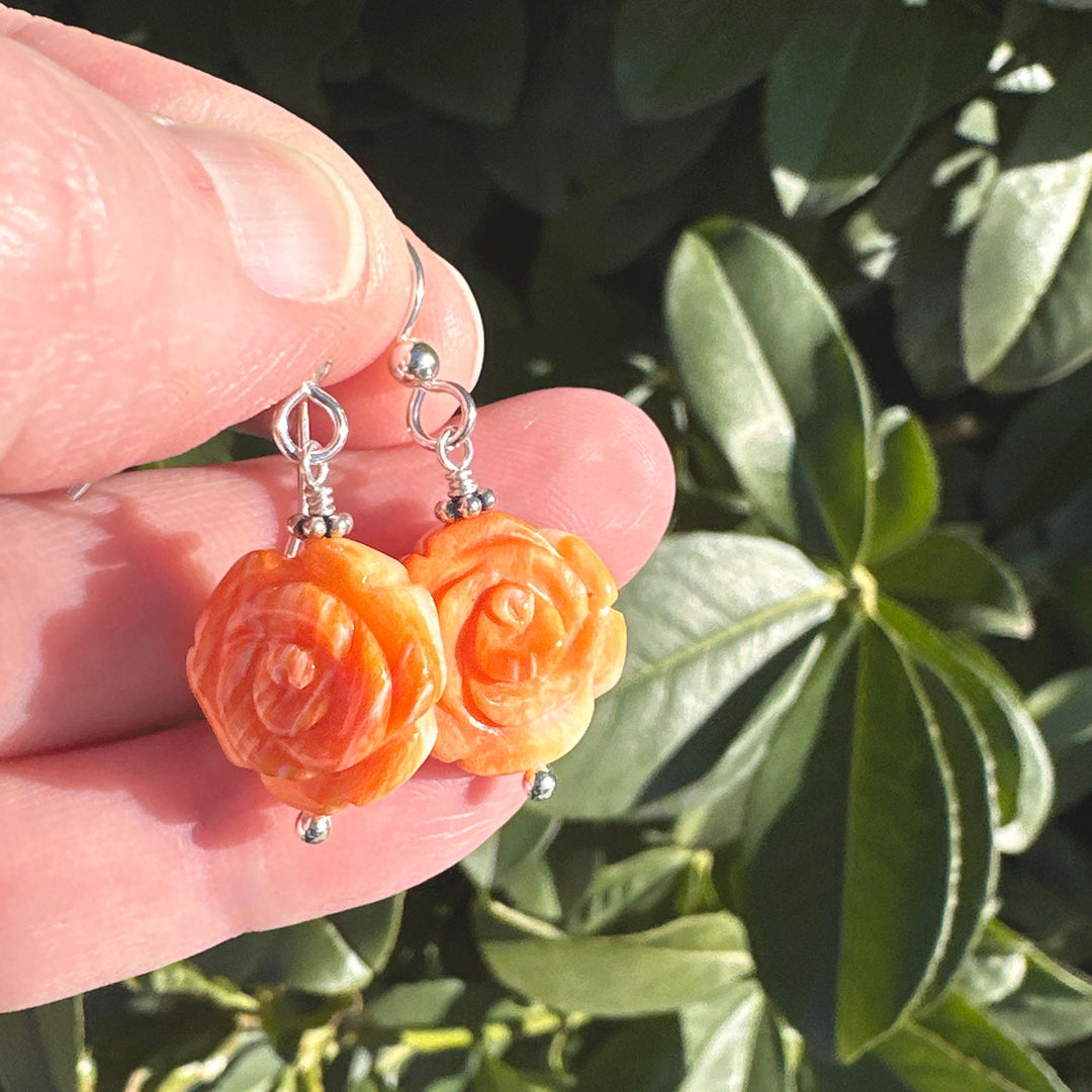 Orange Spiny Oyster Carved Flower and Solid 925 Sterling Silver Earrings - SunlightSilver