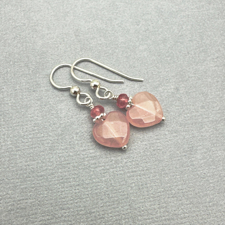 Rose Quartz Heart Earrings with Solid Sterling Silver - SunlightSilver