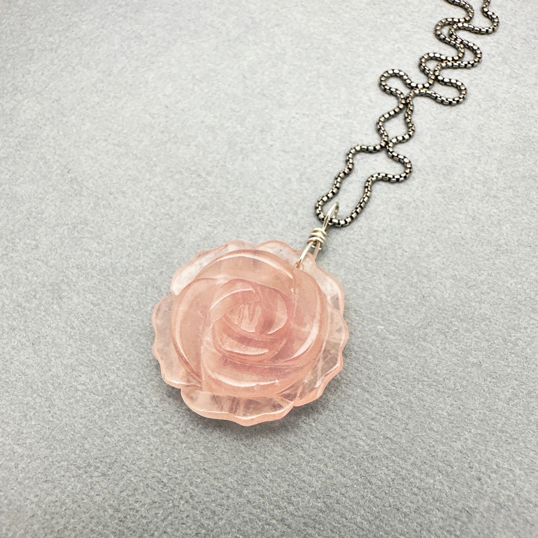 Carved Rose Quartz Flower and Sterling Silver Pendant Necklace - SunlightSilver