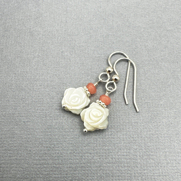Mother of Pearl Shell Flower, Rose Quartz and Solid 925 Sterling Silver Earrings - SunlightSilver