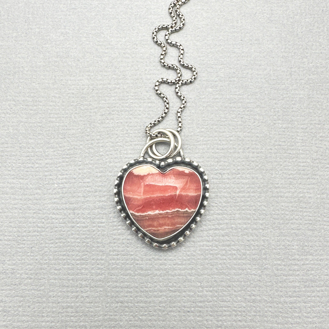 Pink Rhodochrosite Heart Crystal Sterling Silver Pendant - SunlightSilver
