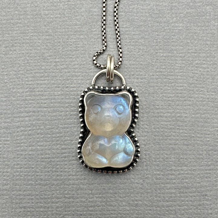 Moonstone Carved Bear Pendant. Gummy Bear Heart Jewelry - SunlightSilver