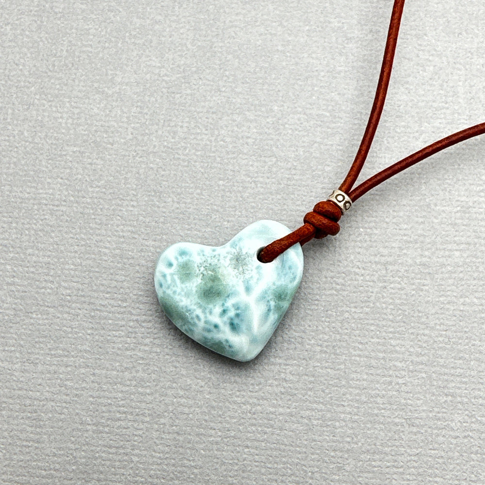 Little Larimar Heart Crystal and Brown Leather Necklace - SunlightSilver
