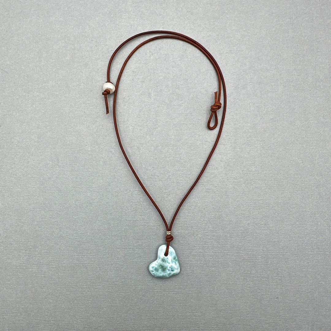 Little Larimar Heart Crystal and Brown Leather Necklace - SunlightSilver