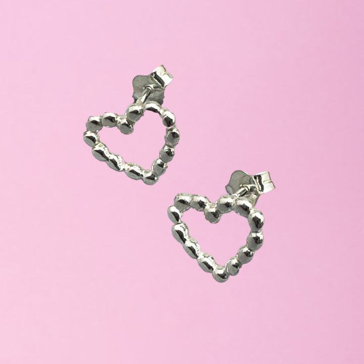 Beaded Heart Stud Earrings in Solid 925 Sterling Silver. Love Symbol Post Earrings - SunlightSilver
