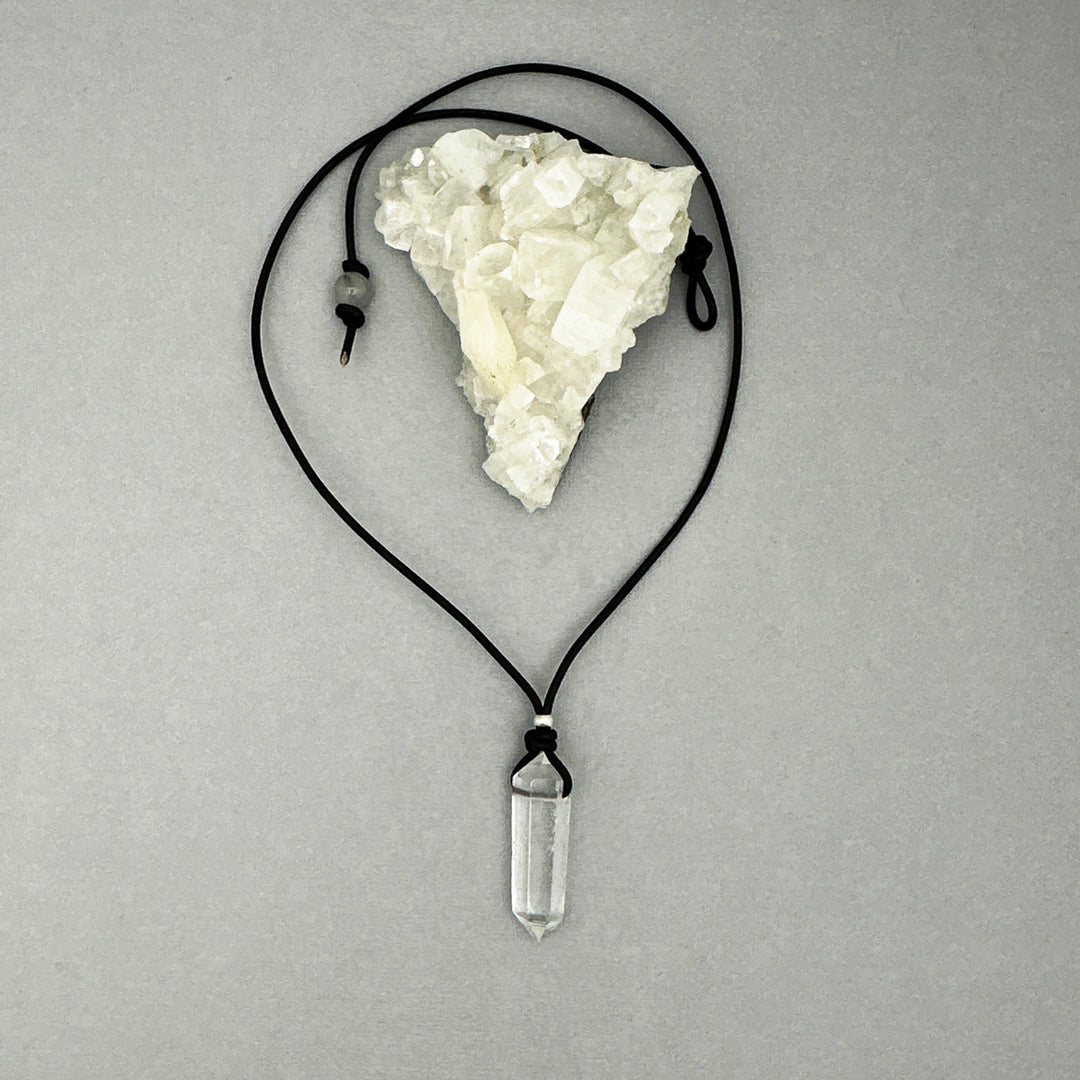 Crystal Quartz Point Pendant Leather Necklace. Healing Crystal - SunlightSilver