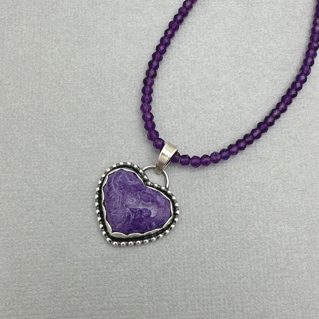 Purple Charoite Heart and Sterling Silver Pendant Necklace - SunlightSilver