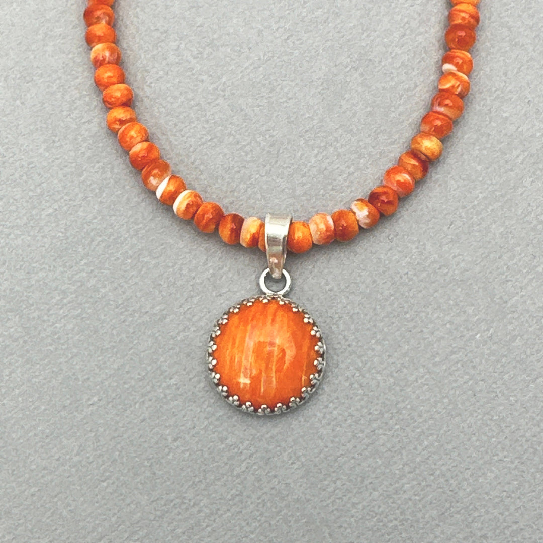 Orange Red Spiny Oyster and Solid 925 Sterling Silver. Southwest Style Necklace with Extender - SunlightSilver