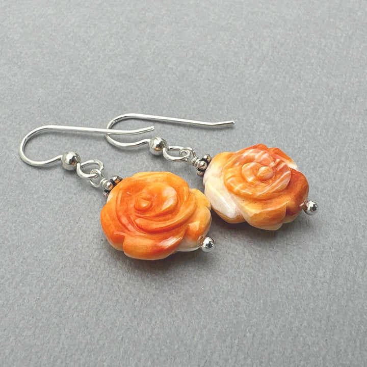 Orange Spiny Oyster Carved Flower and Solid 925 Sterling Silver Earrings - SunlightSilver