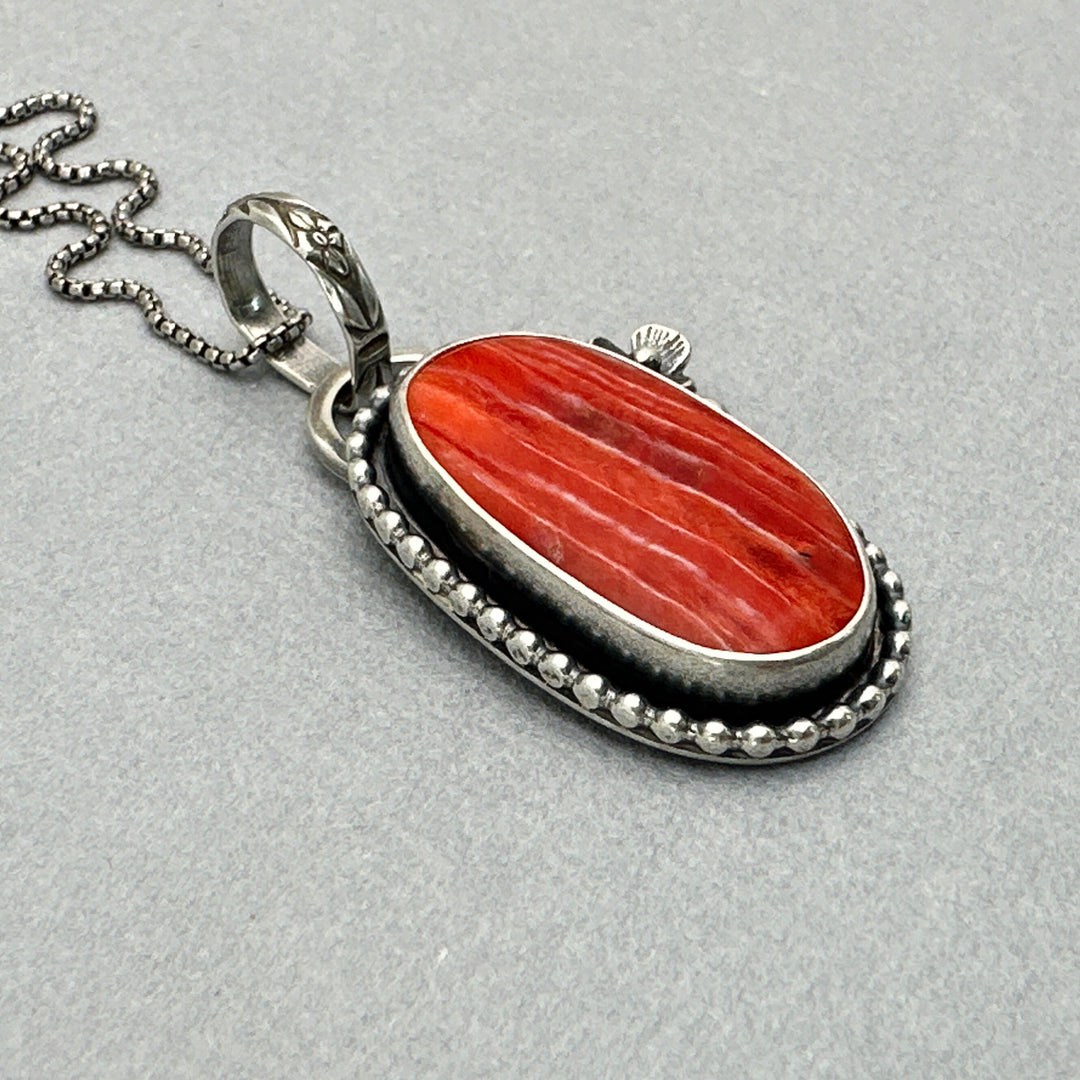 Red Spiny Oyster and Sterling Silver Flower Pendant - SunlightSilver