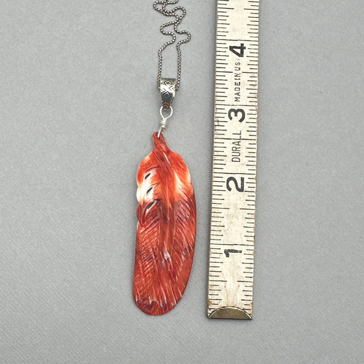 Large Carved Orange Spiny Oyster Feather and Sterling Silver Pendant - SunlightSilver