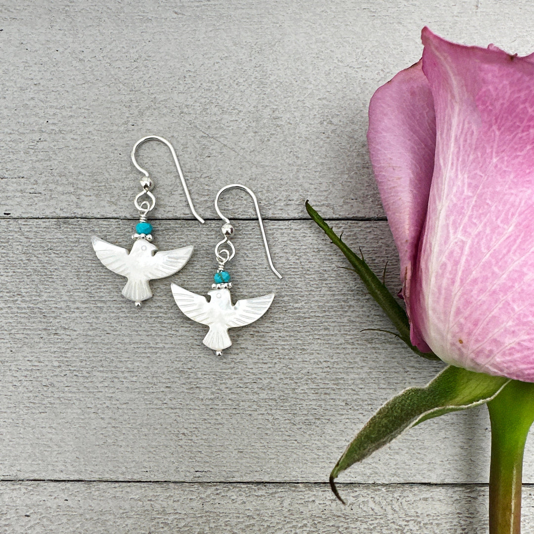 Turquoise, Mother of Pearl Thunder Bird and Sterling Silver Earrings - SunlightSilver