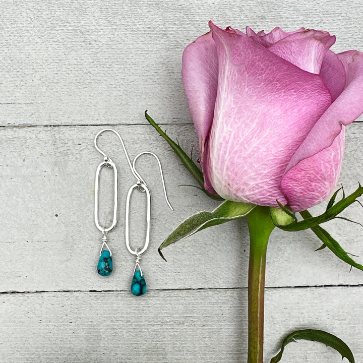 Turquoise Briolette and Sterling Silver Paperclip Hoop Earrings - SunlightSilver