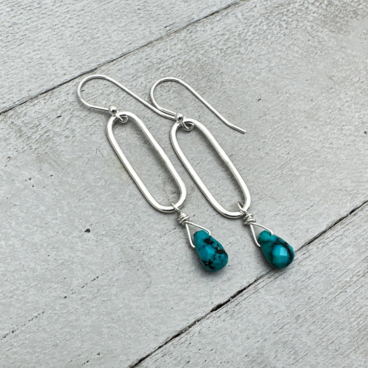 Turquoise Briolette and Sterling Silver Paperclip Hoop Earrings - SunlightSilver