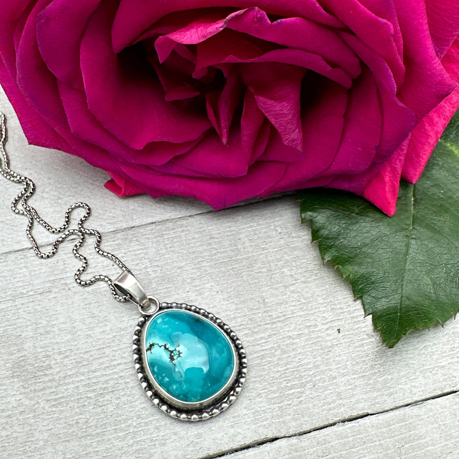 Teal Blue Hubei Turquoise and Sterling Silver Pendant Necklace - SunlightSilver