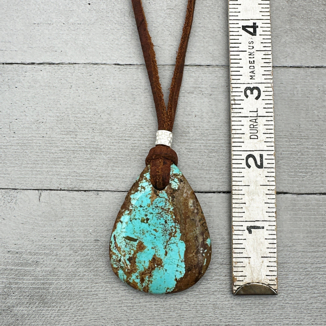 Ribbon Kingman Turquoise Adjustable Rustic Brown Leather Necklace - SunlightSilver