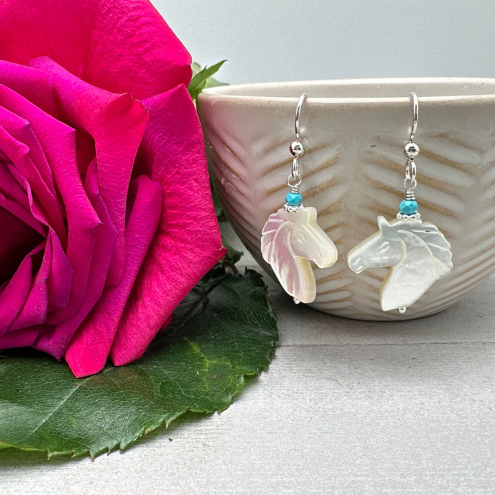 Turquoise, Carved Mother of Pearl Horse and Sterling Silver Earrings - SunlightSilver