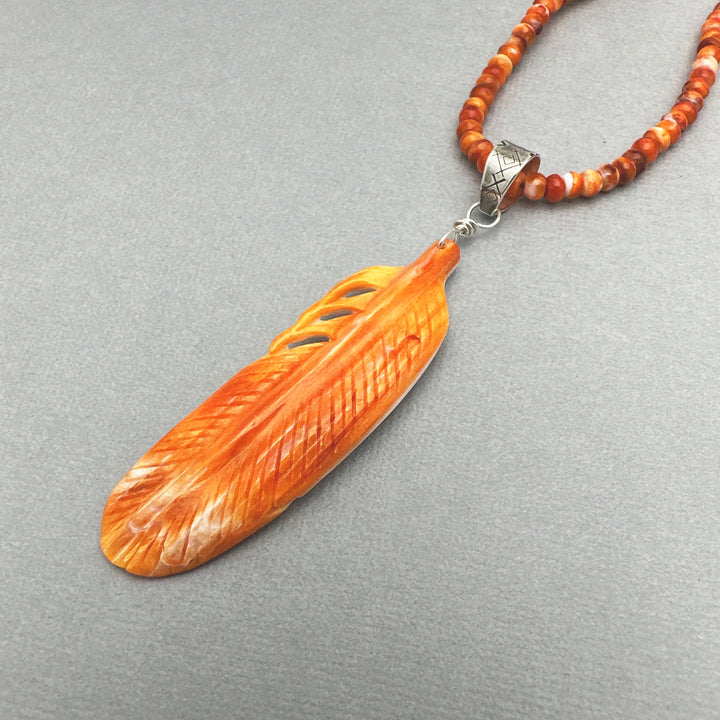 Large Carved Orange Spiny Oyster Feather and Sterling Silver Pendant - SunlightSilver