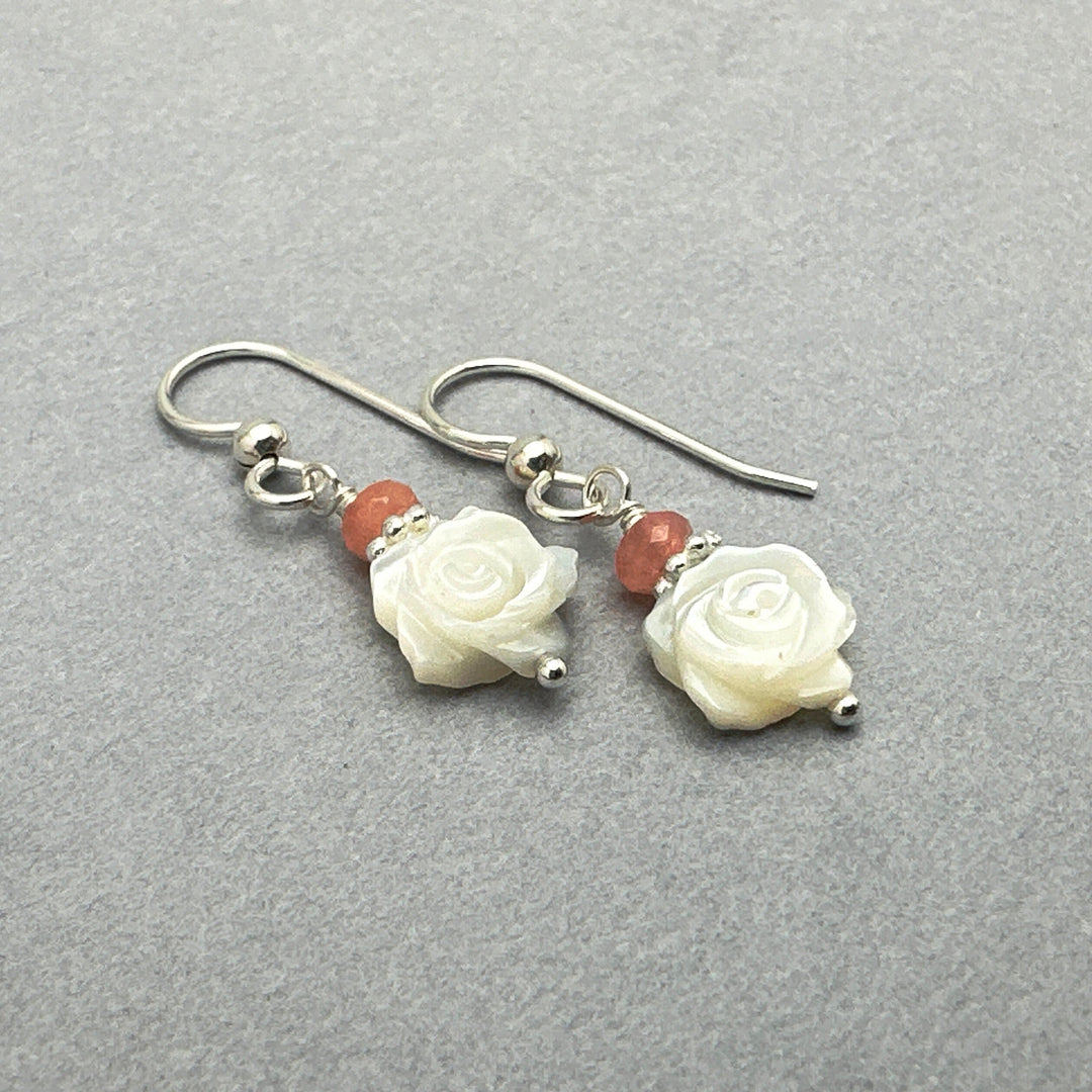 Mother of Pearl Shell Flower, Rose Quartz and Solid 925 Sterling Silver Earrings - SunlightSilver
