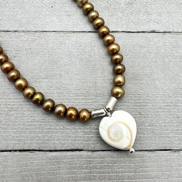 Shiva Eye Shell Heart and Freshwater Pearl Necklace - SunlightSilver