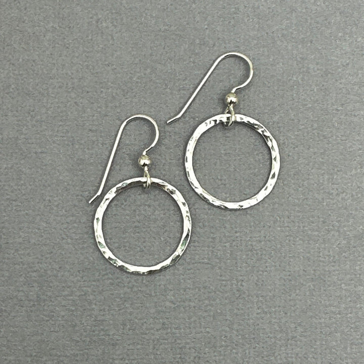 Hammered Silver Hoop Earrings. Solid 925 Sterling Silver 1 inch Textured Stamped Dangle Loops. - SunlightSilver