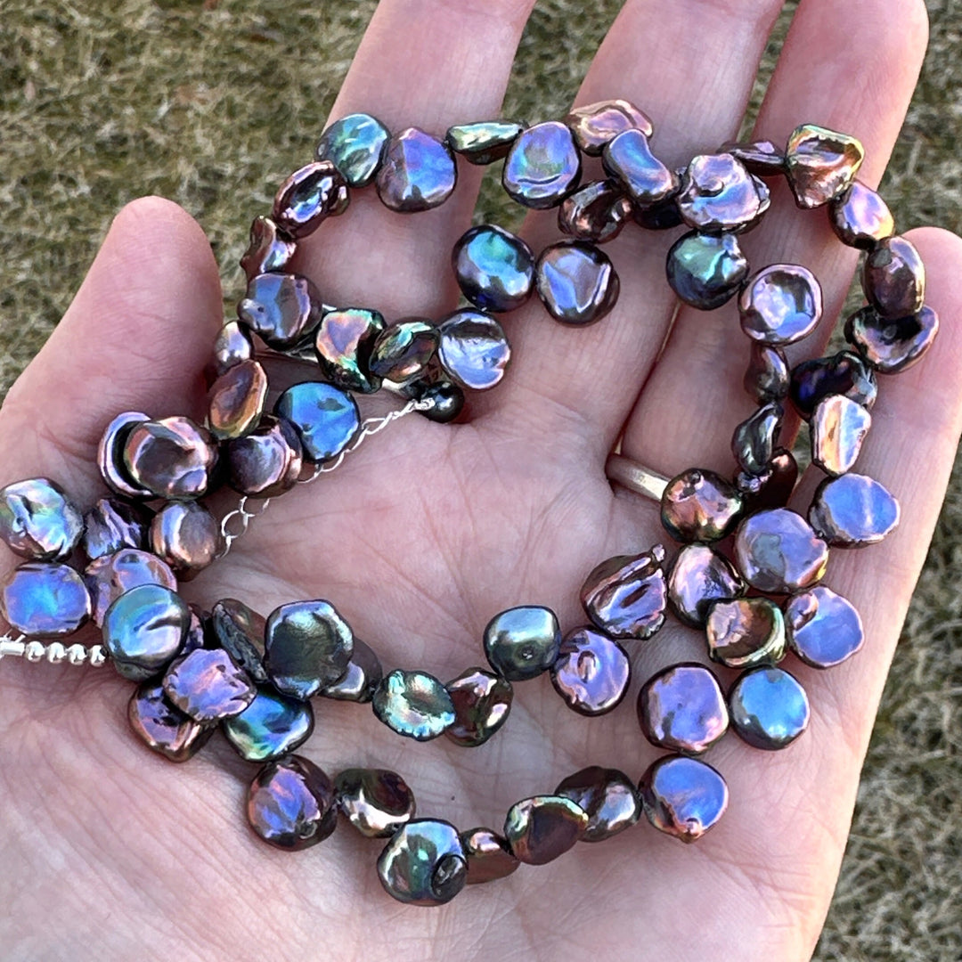 Peacock Keshi Pearl and Sterling Silver Necklace. Black Keshi Pearls, Cornflake Pearls - SunlightSilver