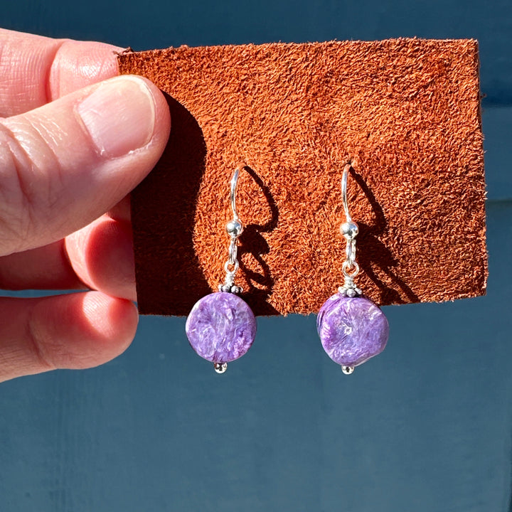 Purple Charoite Crystal and Sterling Silver Earrings - SunlightSilver