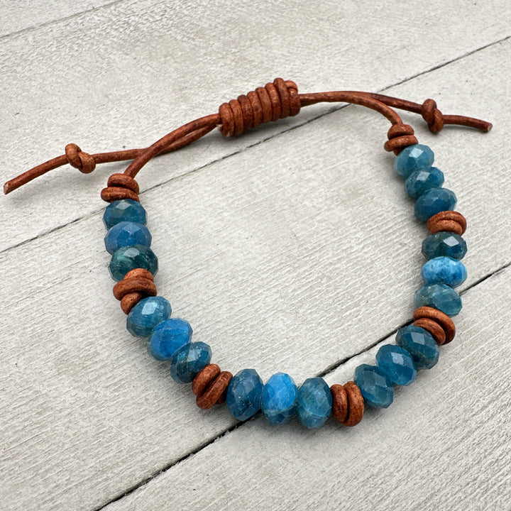 Apatite and Rustic Brown Leather Bracelet. Faceted Blue Gemstones - SunlightSilver