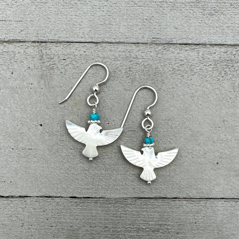 Turquoise, Mother of Pearl Thunder Bird and Sterling Silver Earrings - SunlightSilver